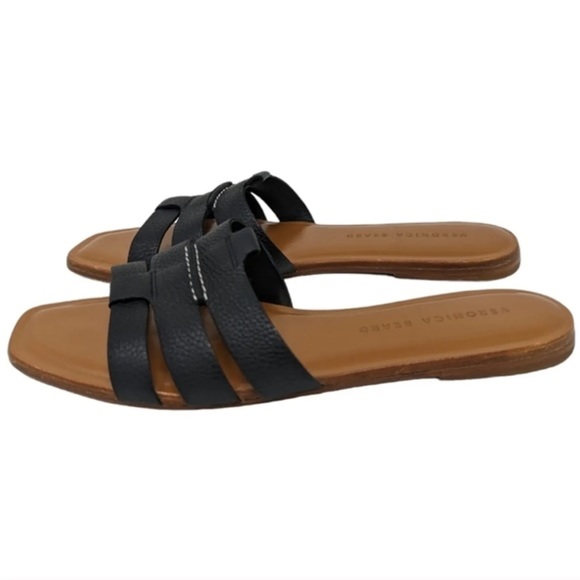 🖤NEW VERONICA BEARD BLACK PEBBLE LEATHER SLIDES SANDALS 37 7 - Picture 1 of 6